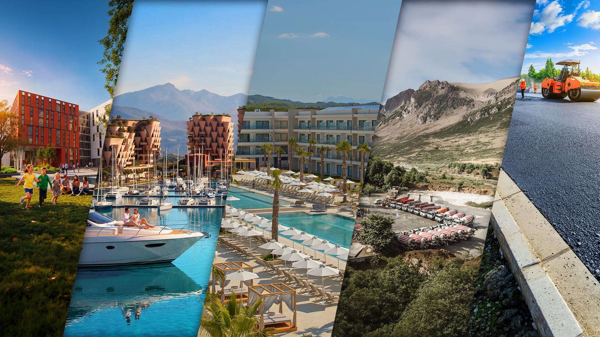 Angled collage of Concord Group developments across sectors — a residential and education campus, a marina with yachts, a beachfront resort pool, a quarry with a concrete mixer fleet, and a road paving crew