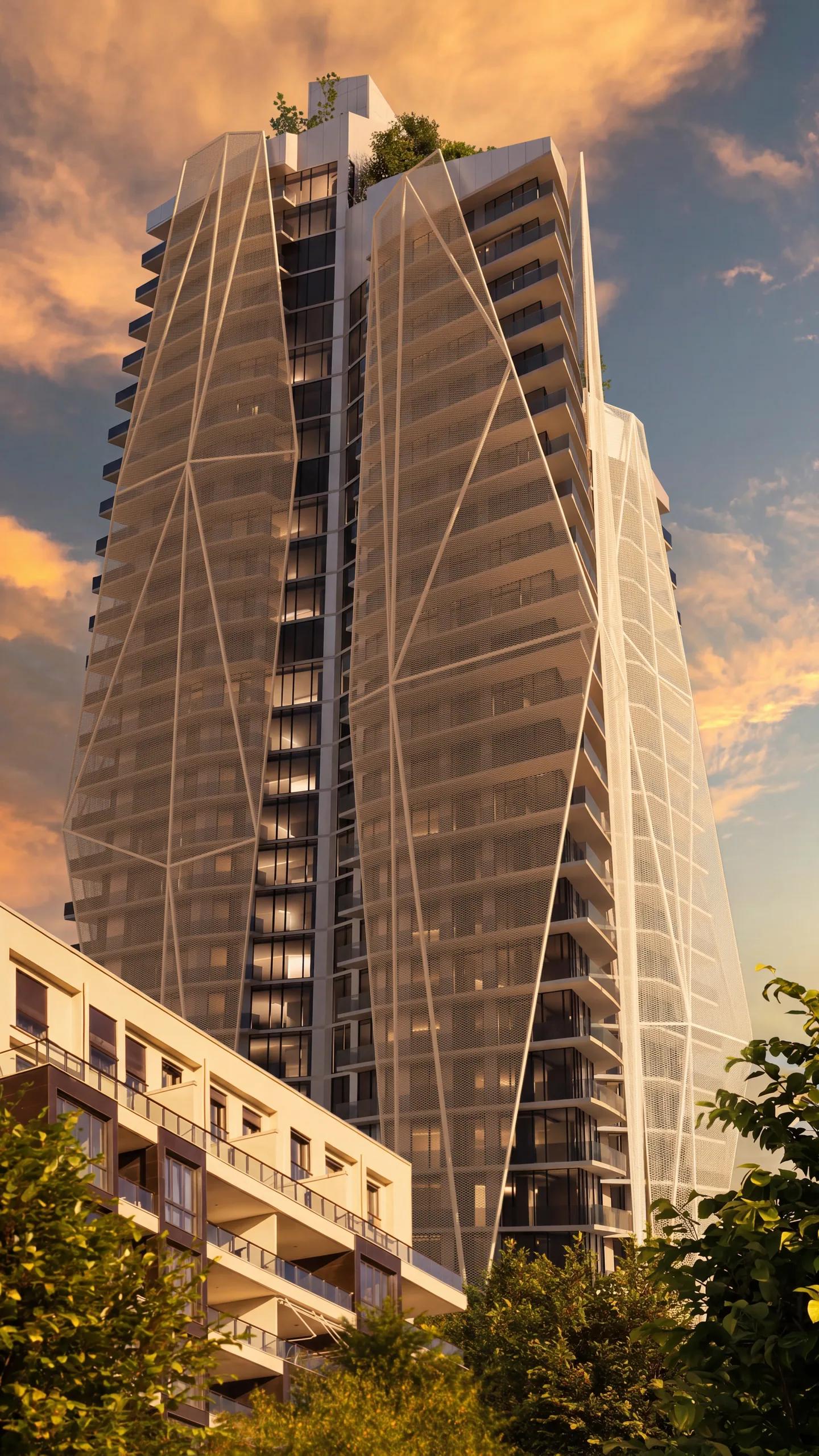 The tower at sunset, its glazed spine catching the last light