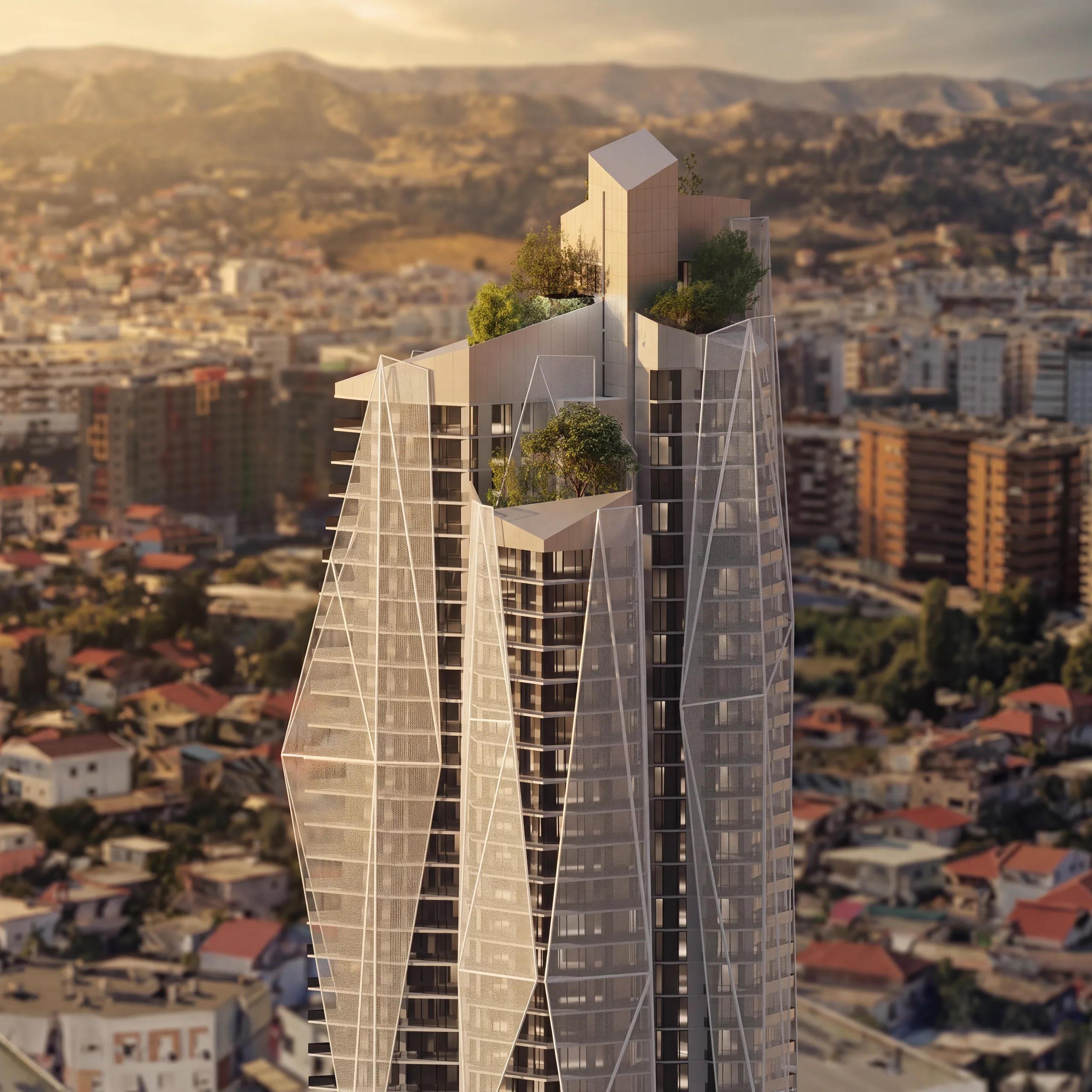 The tower rising above the Tirana skyline at golden hour