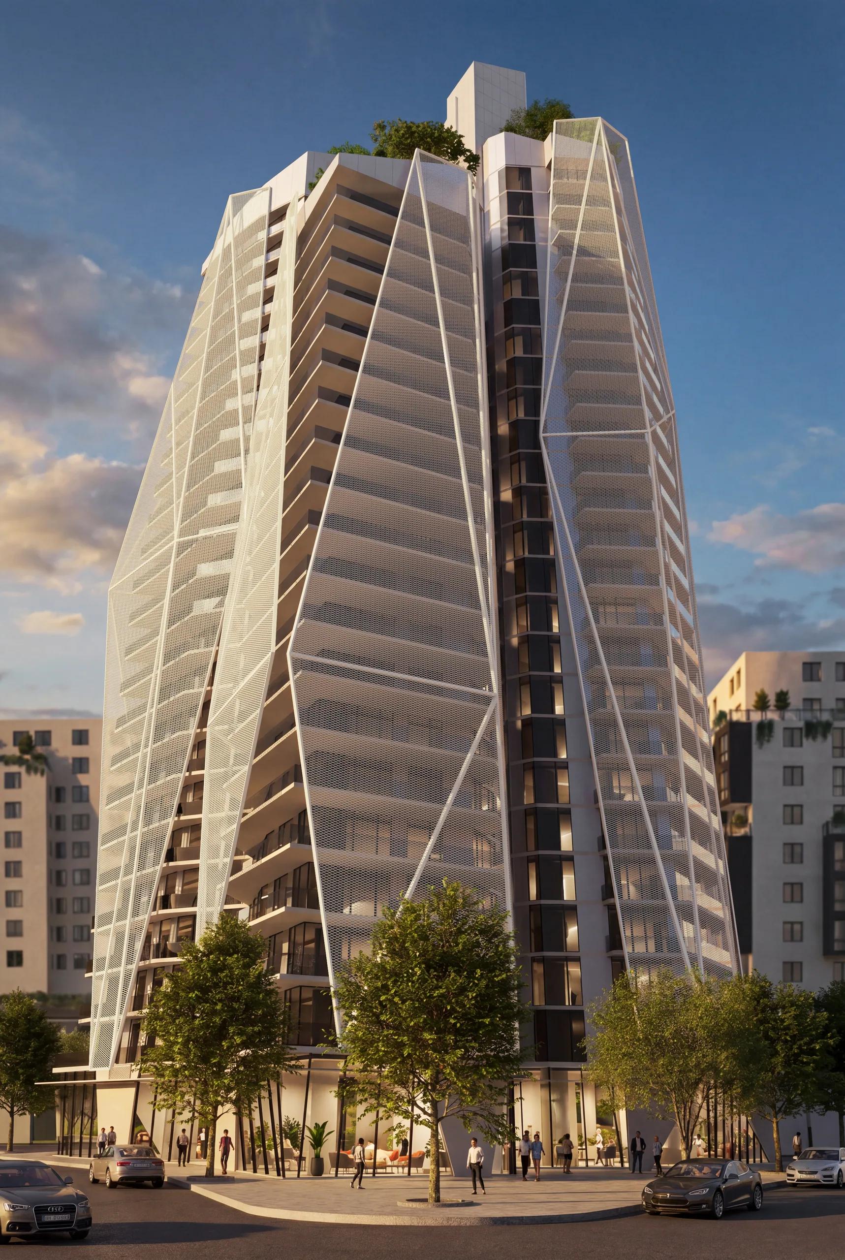 Street-level view of the tower above its landscaped base