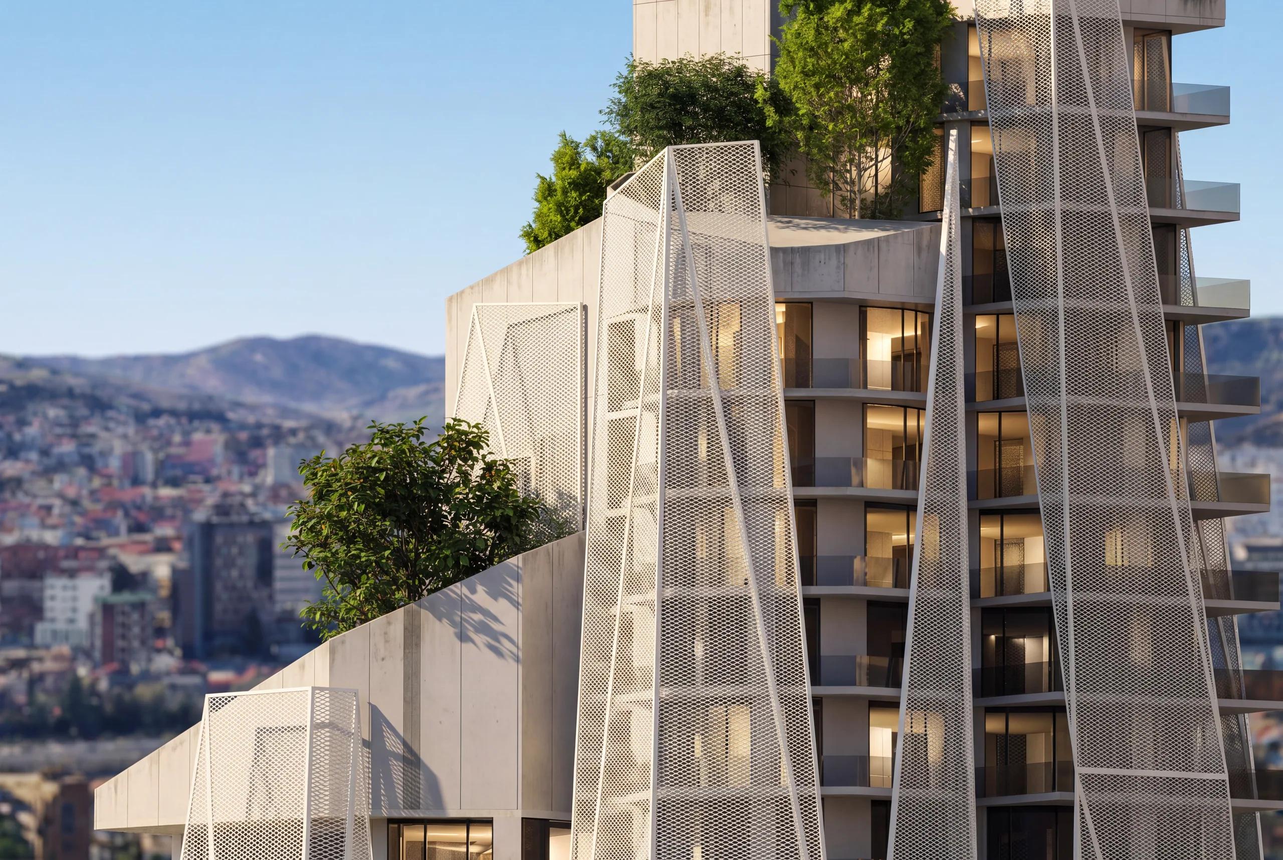 Planted terraces stepping across the upper floors