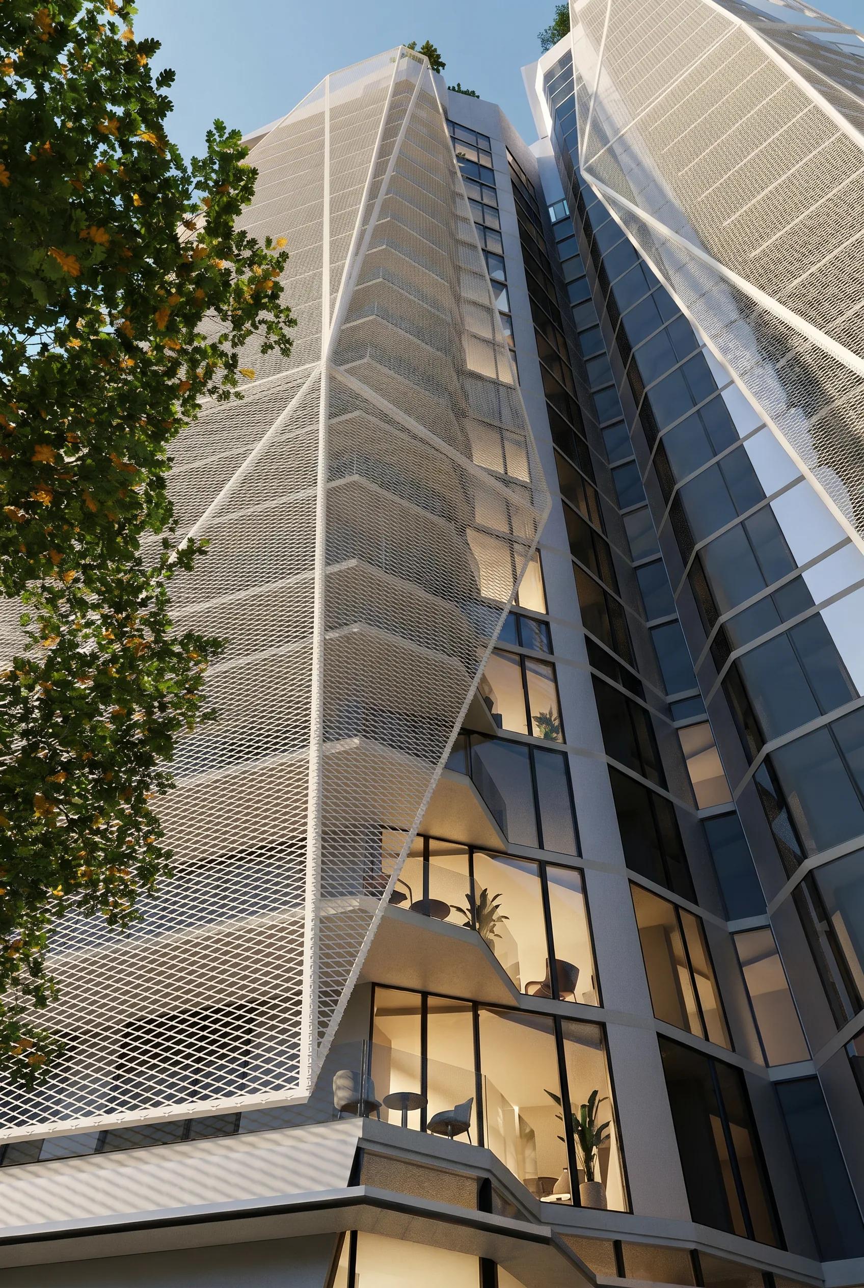 Detail of the diagrid facade and recessed balconies