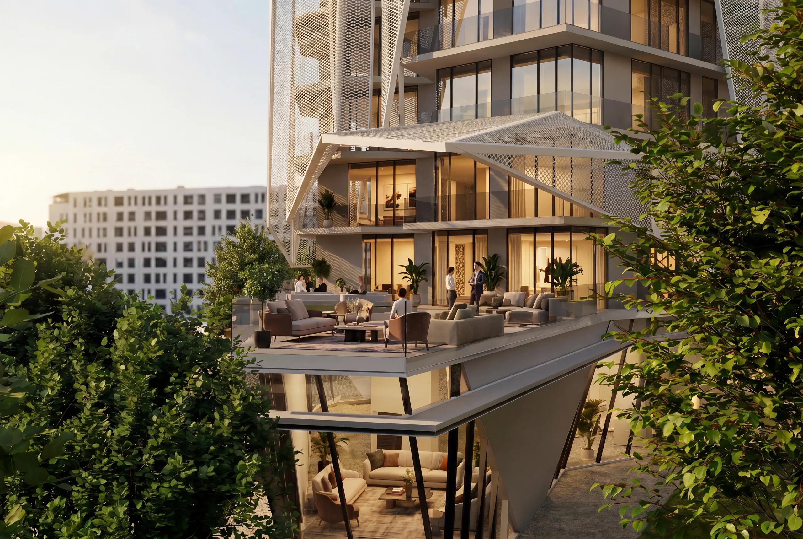 The amenity terrace and residents' lounge set among planting