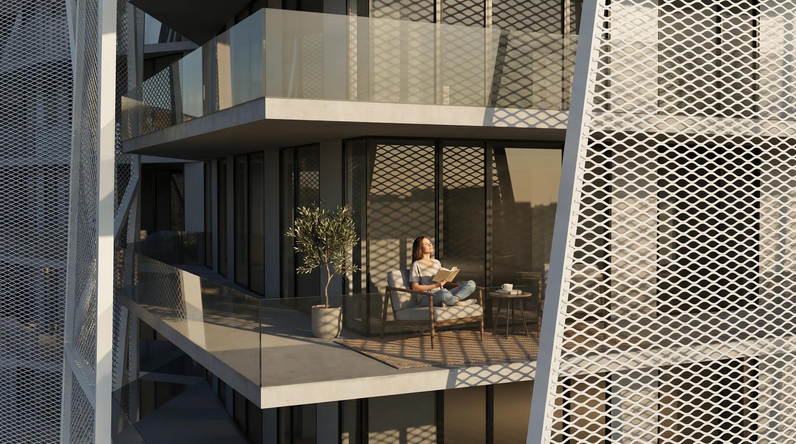 A shaded terrace seating area on the podium level