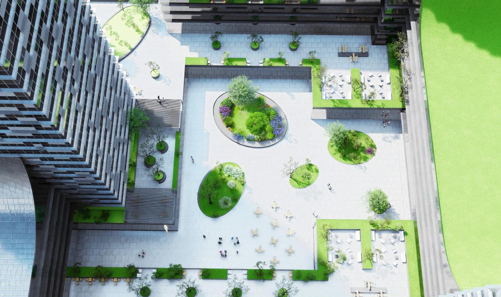 The planted courtyard viewed from above