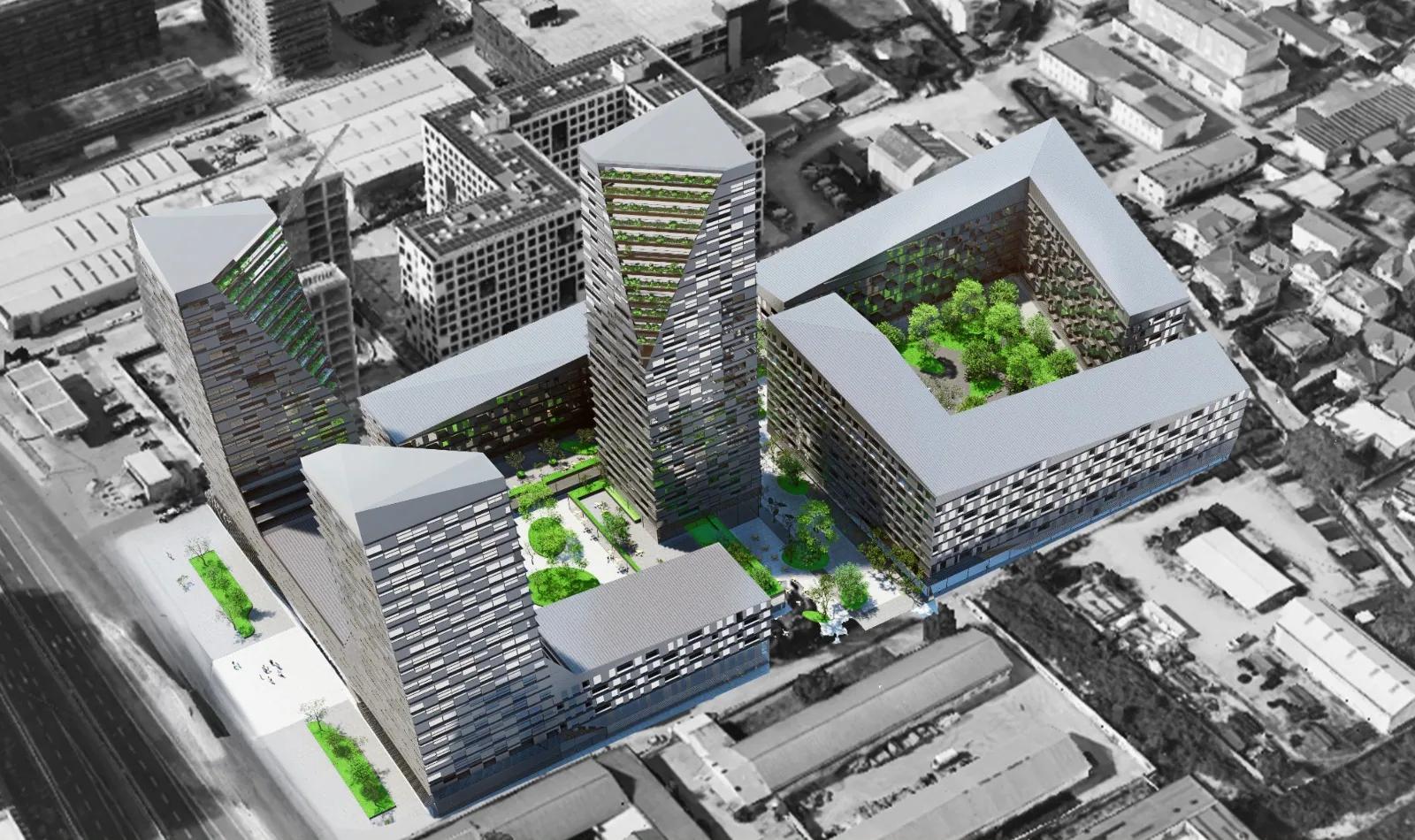 Massing study of the scheme within the surrounding city blocks