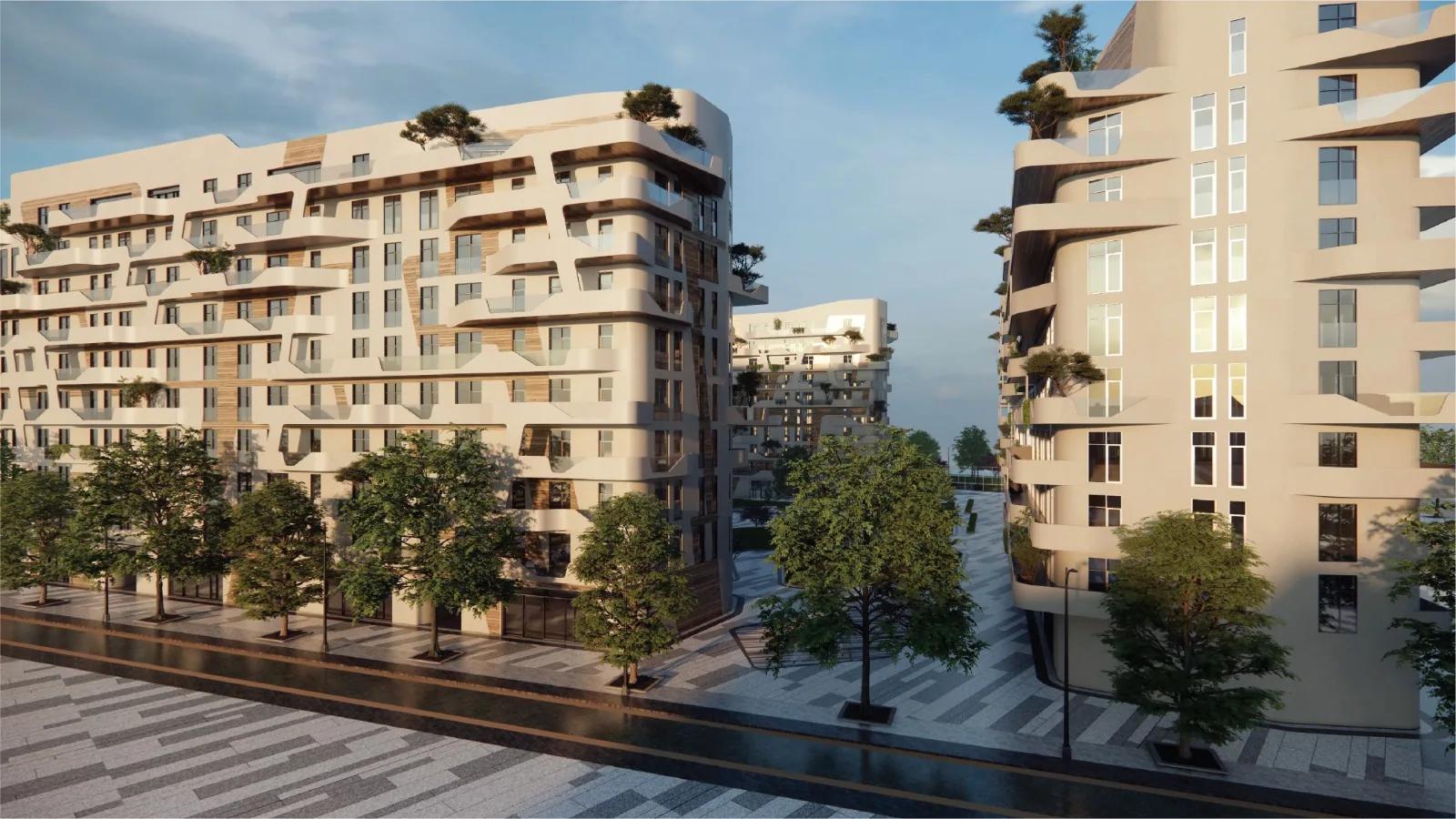 The curved residential frontage seen from the boulevard
