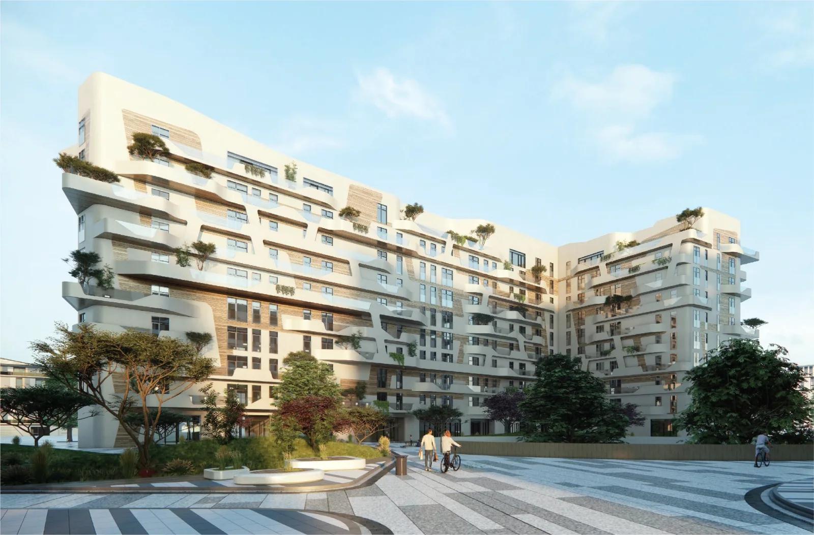 The residences above the tree-lined public plaza