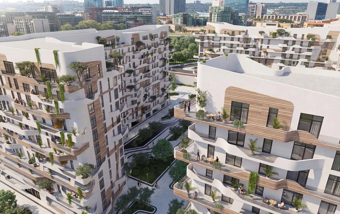 Aerial view of the planted roof terraces