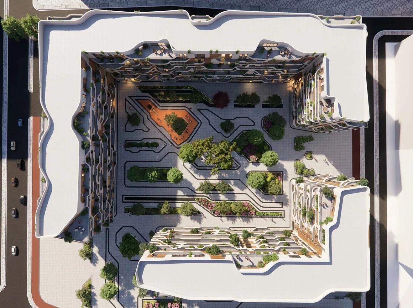 Looking straight down into the landscaped inner courtyard