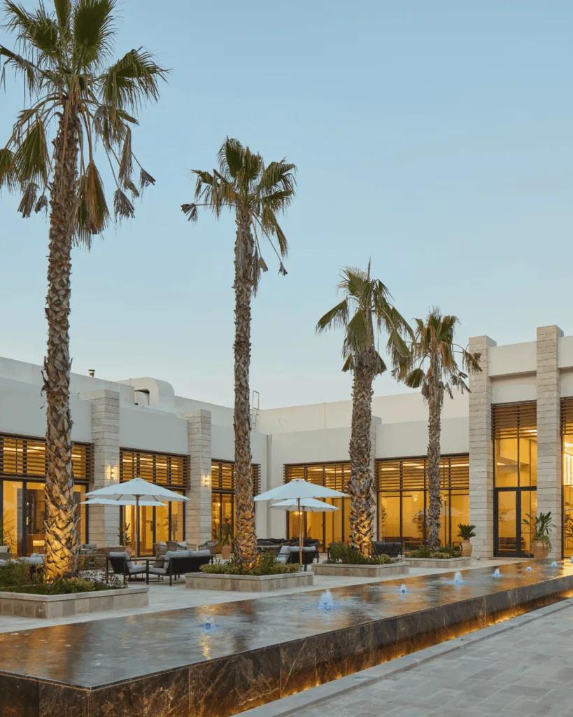 Palms and terrace seating along the resort frontage