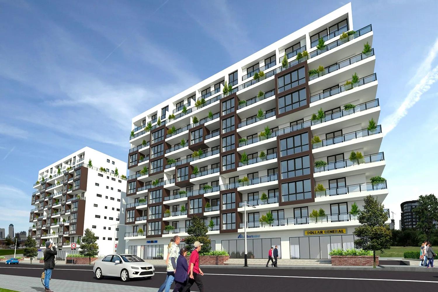The residence on its street corner, planted terraces stepping up the facade