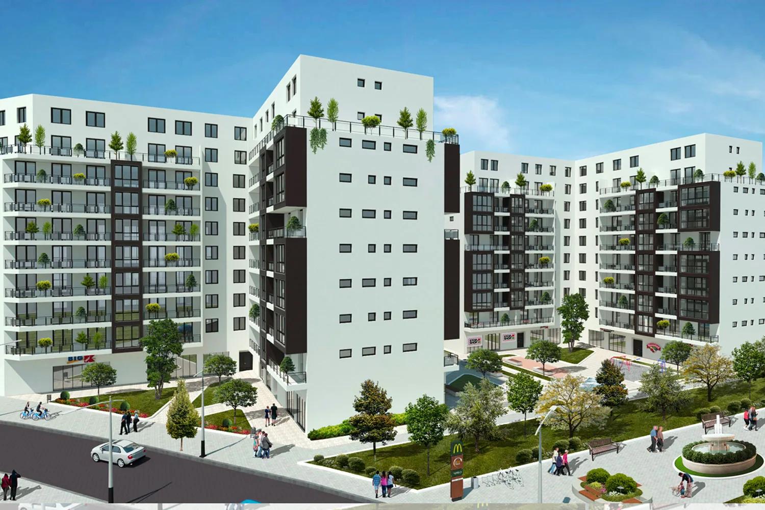 Elevated view of the blocks and the landscaped courtyard between them