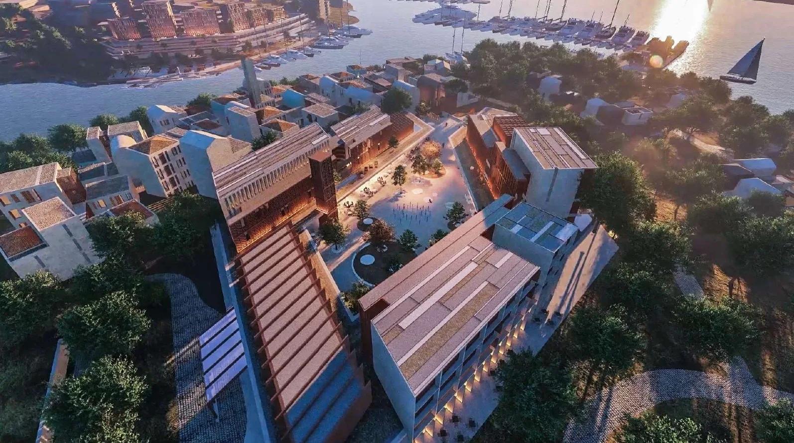 Aerial view of the marina development and its terraces
