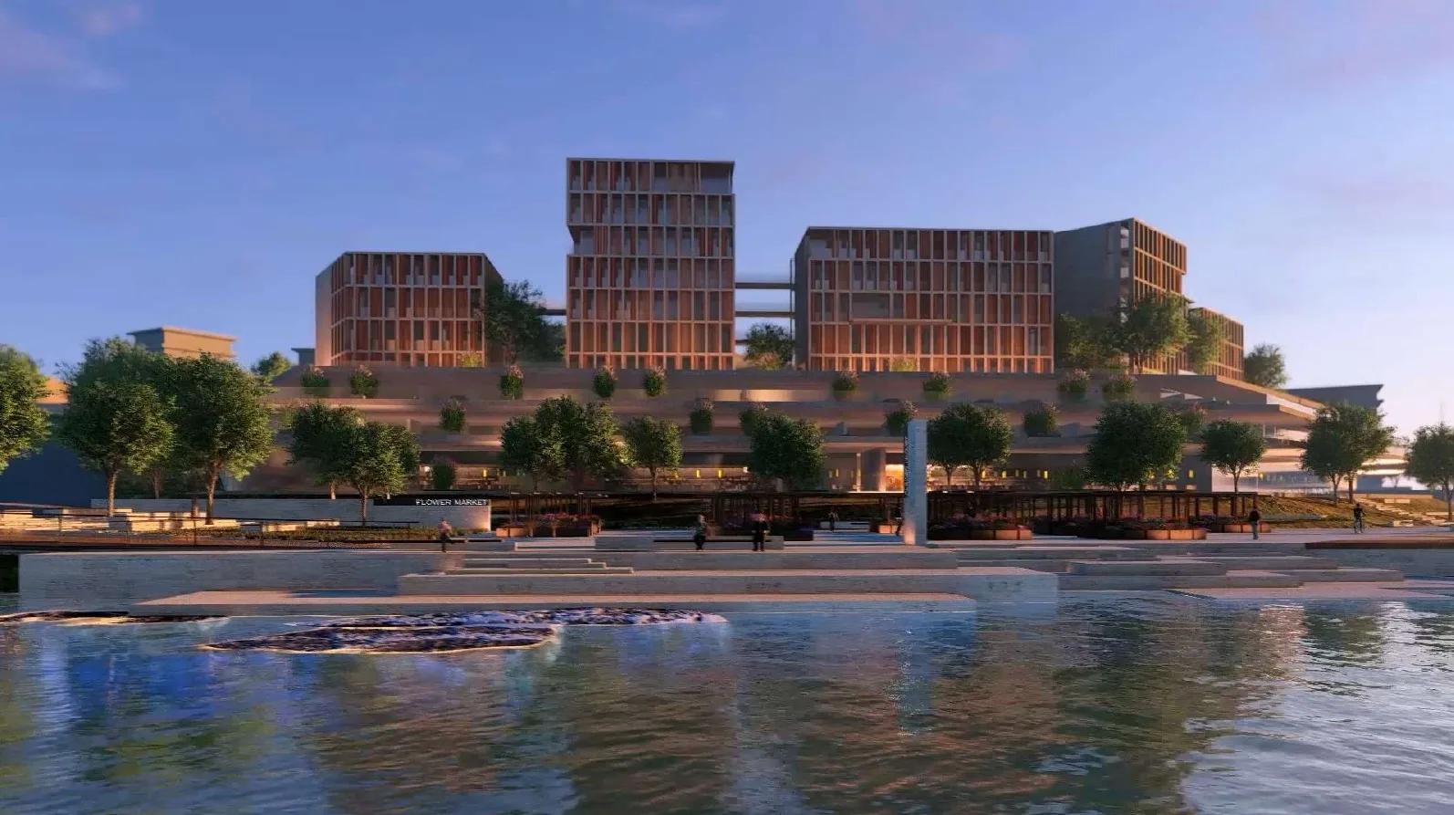 The stepped waterfront buildings seen from the water