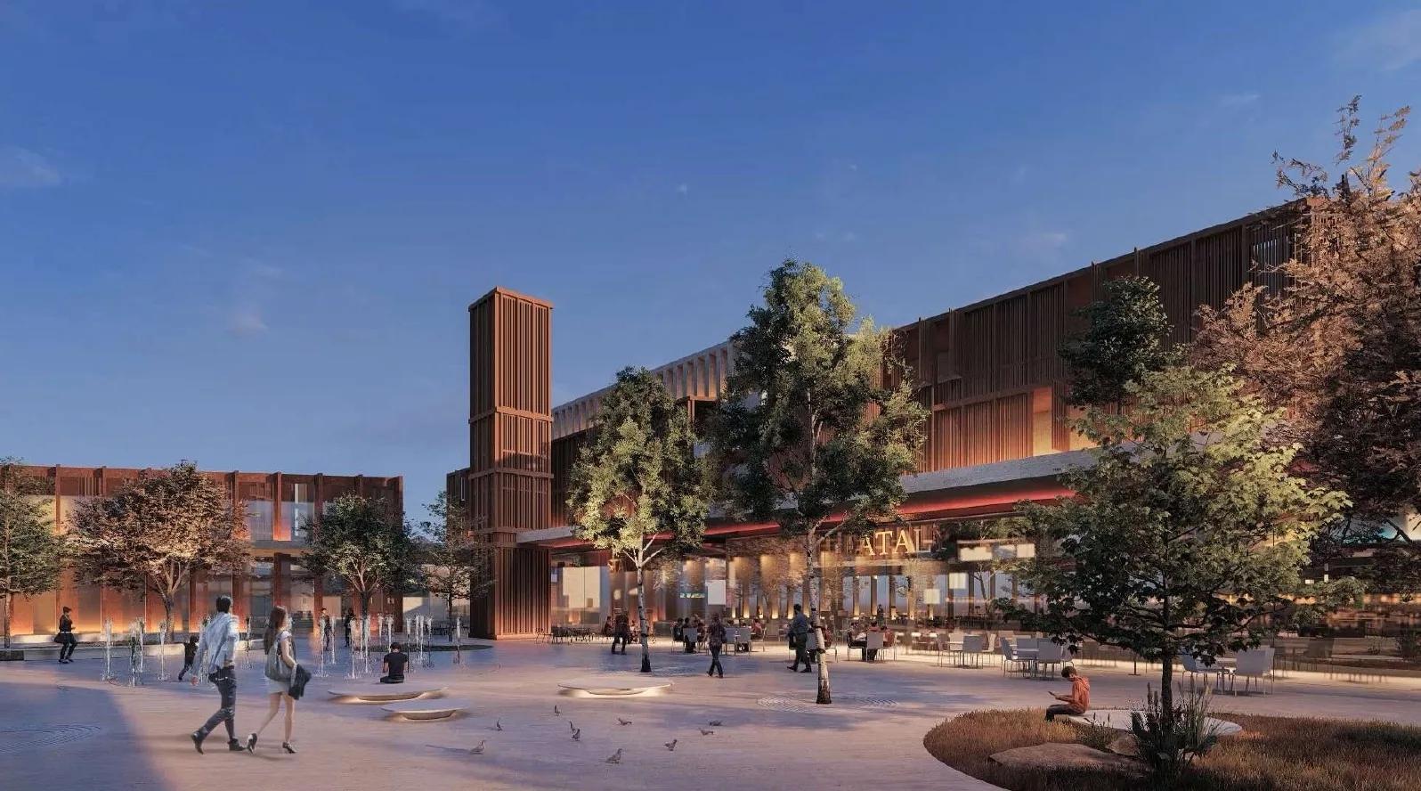The public plaza and timber-clad pavilion in use