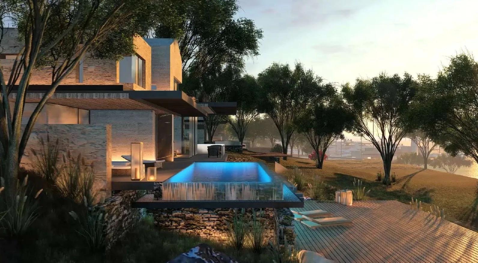 Villa and pool terrace set among mature trees