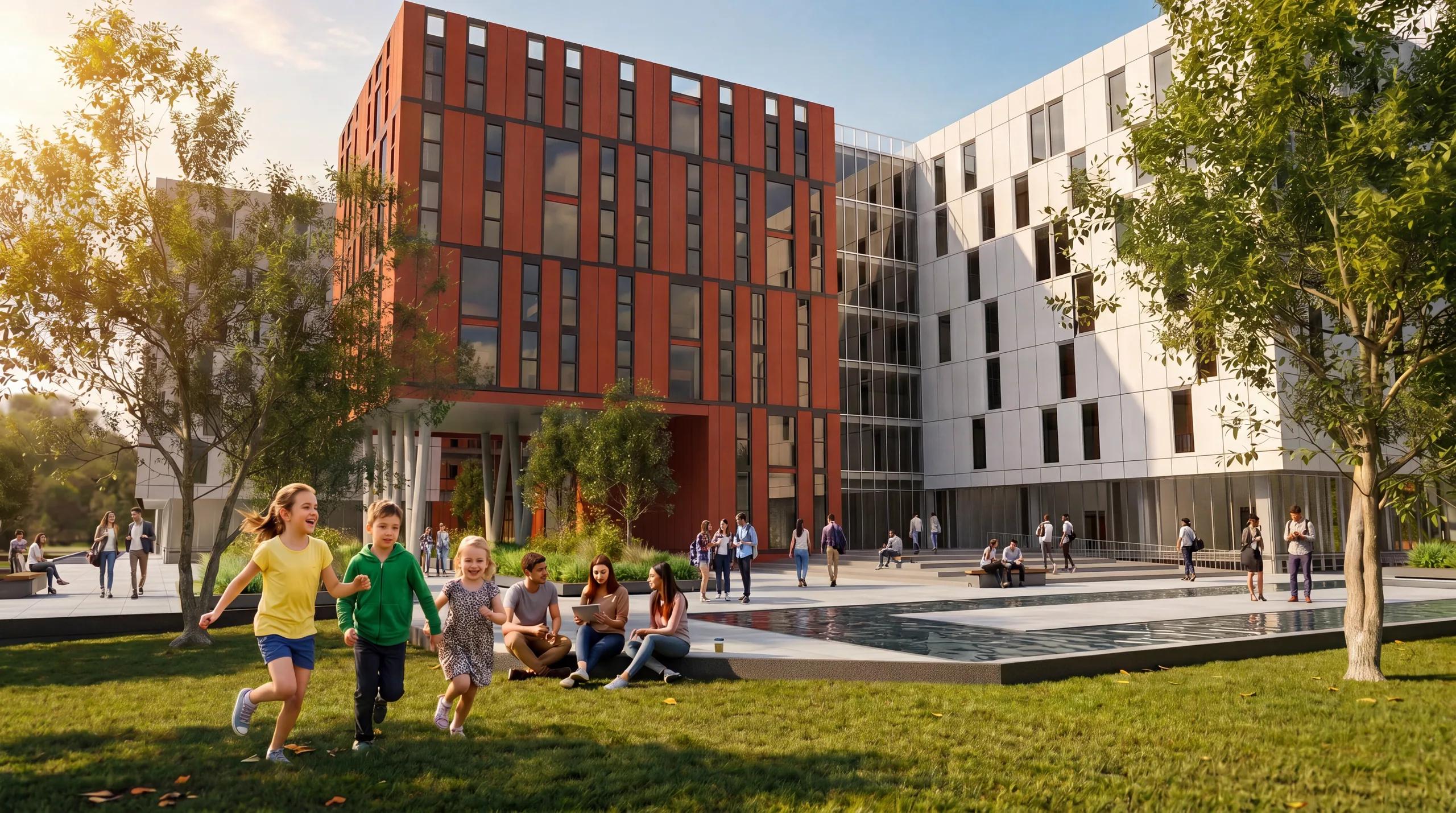 Open lawn and water features at the centre of the masterplan