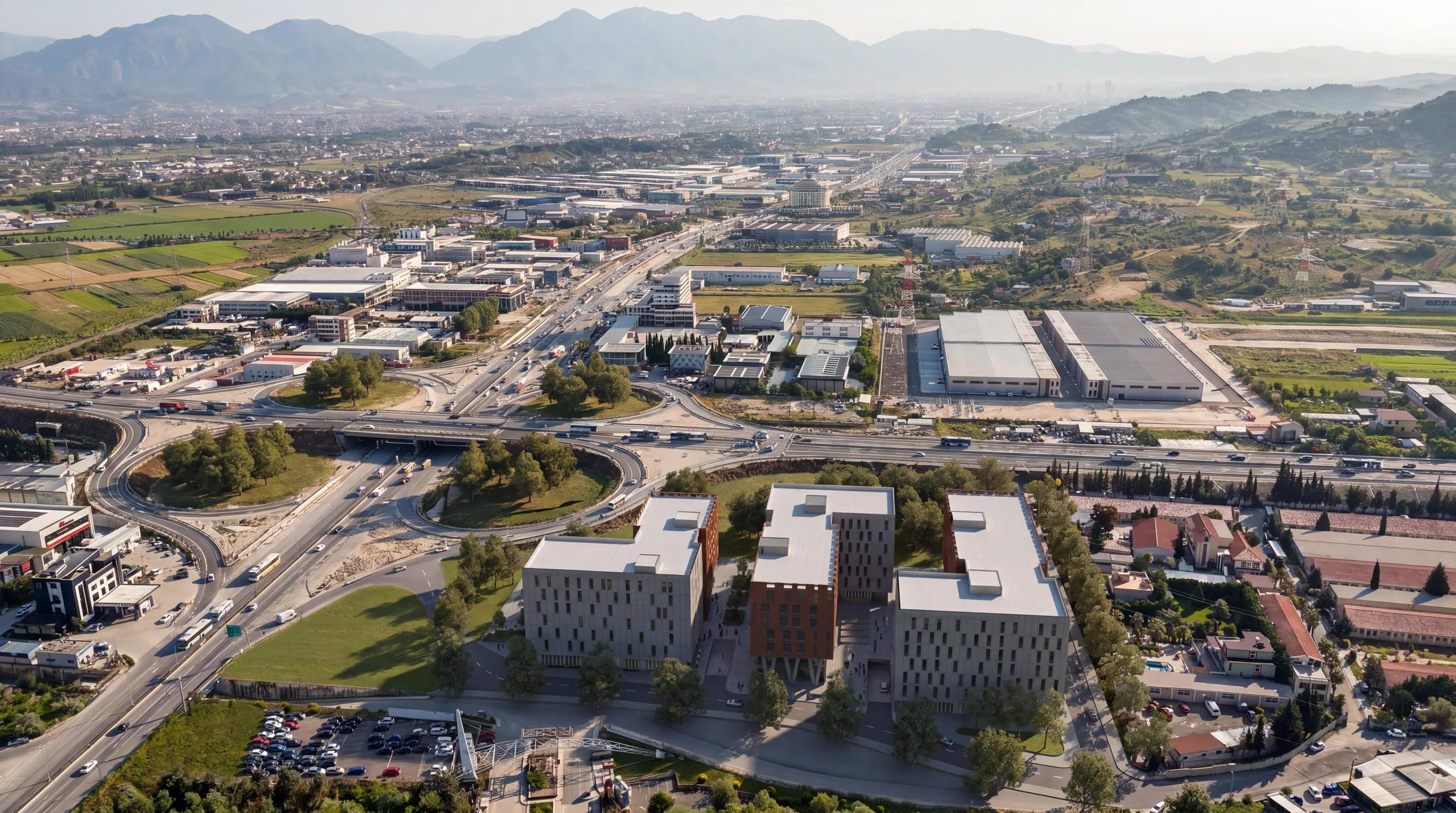 Aerial view of the site within the surrounding Tirana district