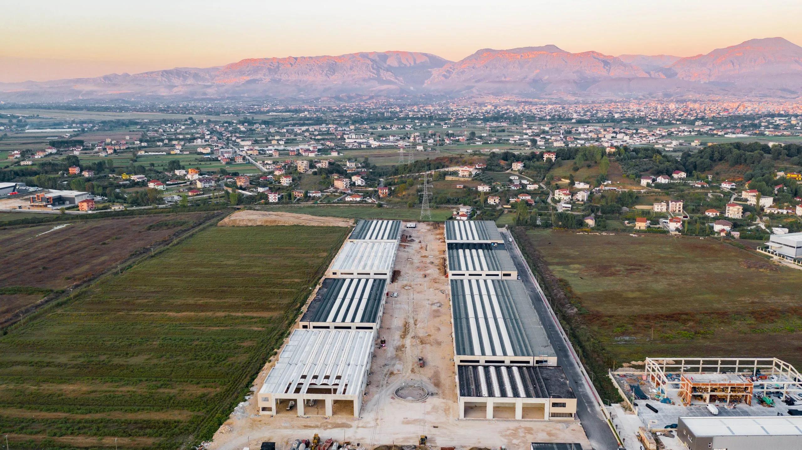 Aerial view of the warehouse terraces with the mountains beyond