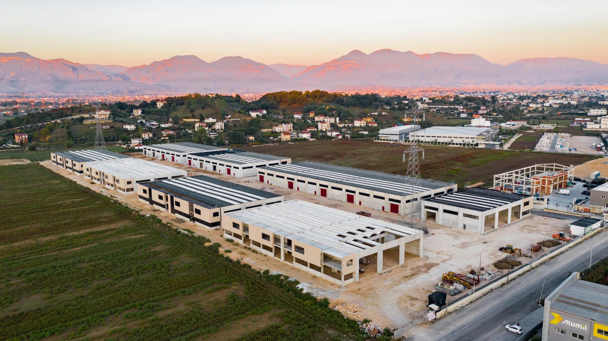 Aerial view along the length of the warehouse row
