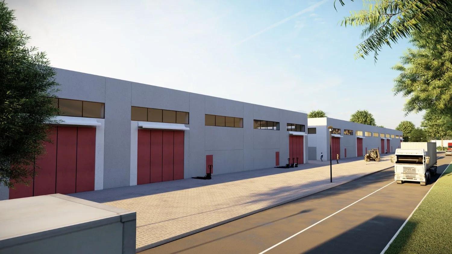 The warehouse row with its red loading doors